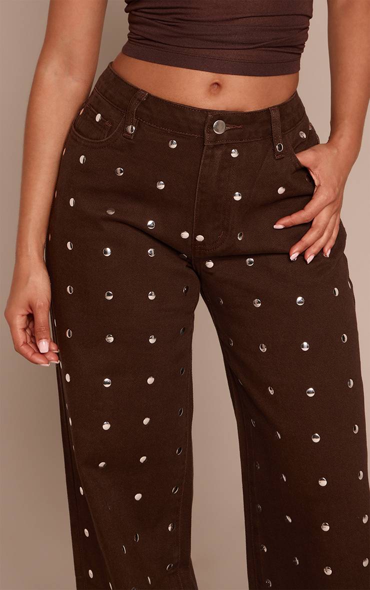 Chocolat Jean Denim Jambe Large Avec Détails Cloutés Petite