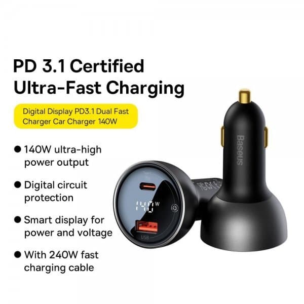 Baseus Biloplader Digital Display PD3.1 Dual Cast Car Charger 140W