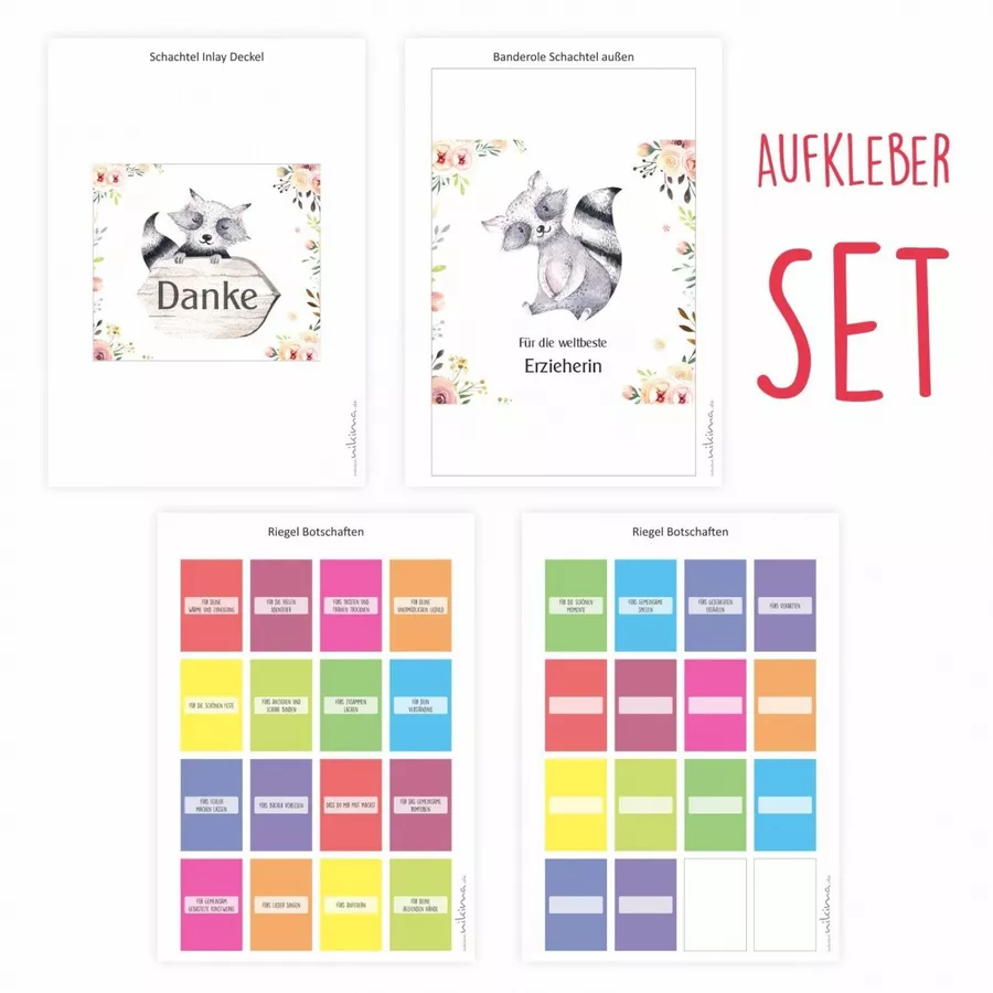 Nikima Papeterie AUFKLEBER SET - Merci Danke Waschbär Abschiedsgeschenk Kita Erzieher bunt