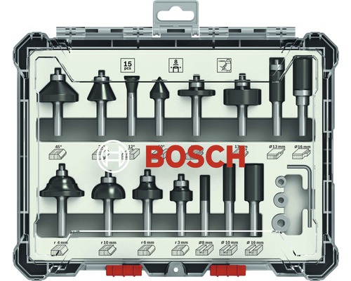 15-delige freesset, 8 mm schacht. 15-delige freesset voor gemengde toepassingen.