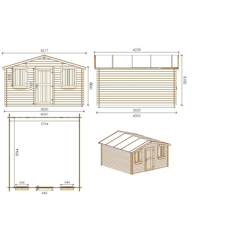 Abri de jardin en bois - 28m2 - 4x4m - traité - ep. 28mm - couleur: marron