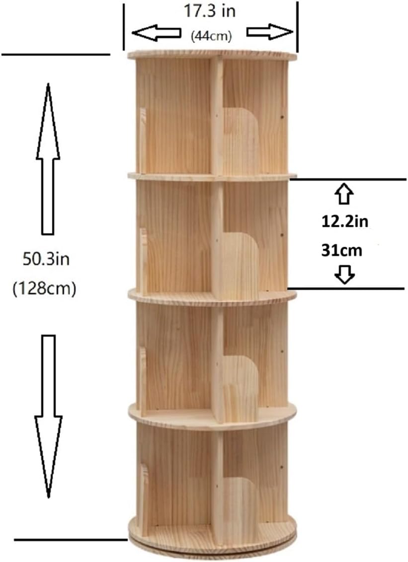 Heehee Massivholz Drehbares Bücherregal, 360-Grad-Display, bodenstehendes Bücherregal, Lagerregal für Kinder und Erwachsene, multifunktionaler Organizer (4-stöckig)