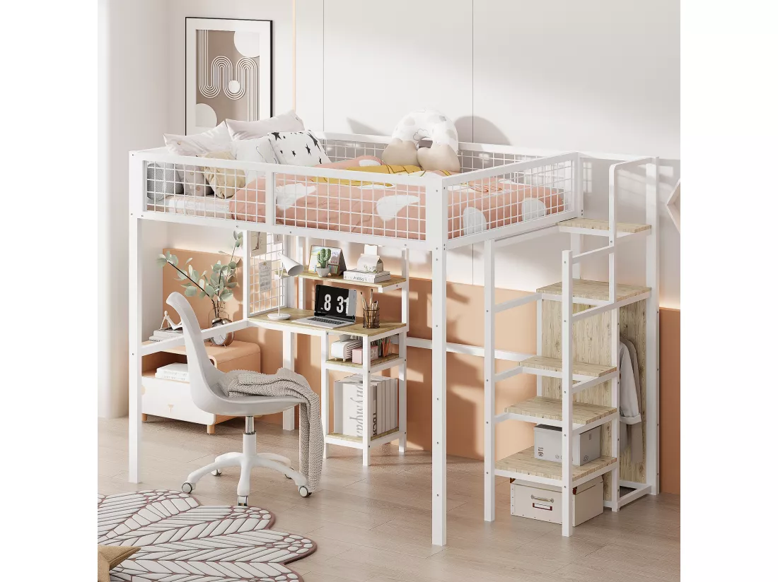 Lit mezzanine enfant 140x200 cm avec structure en fer - avec échelle de rangement、une penderie et un bureau - Blanc