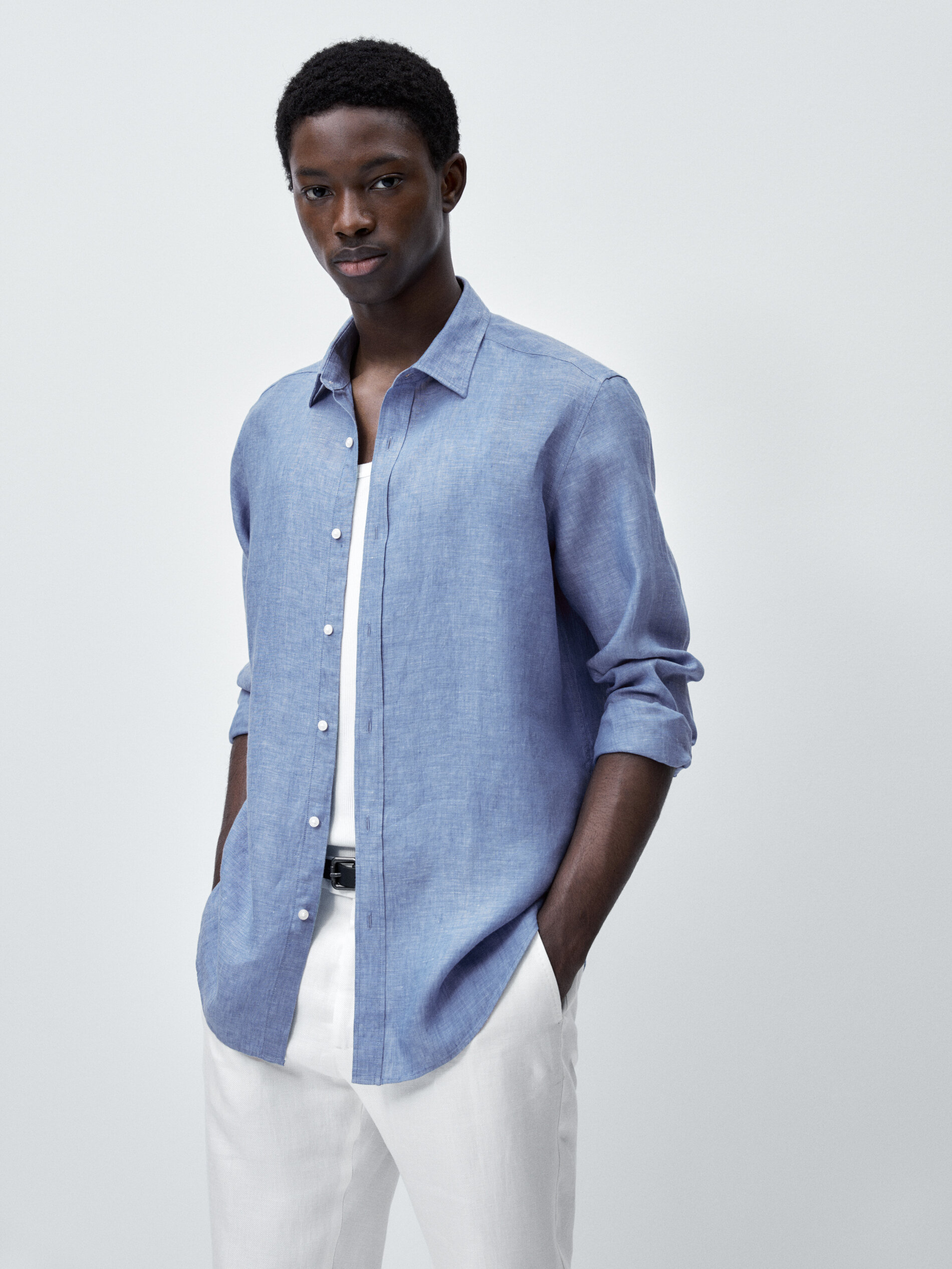 Camisa de linho tingido de corte regular - AZUL MÉDIO