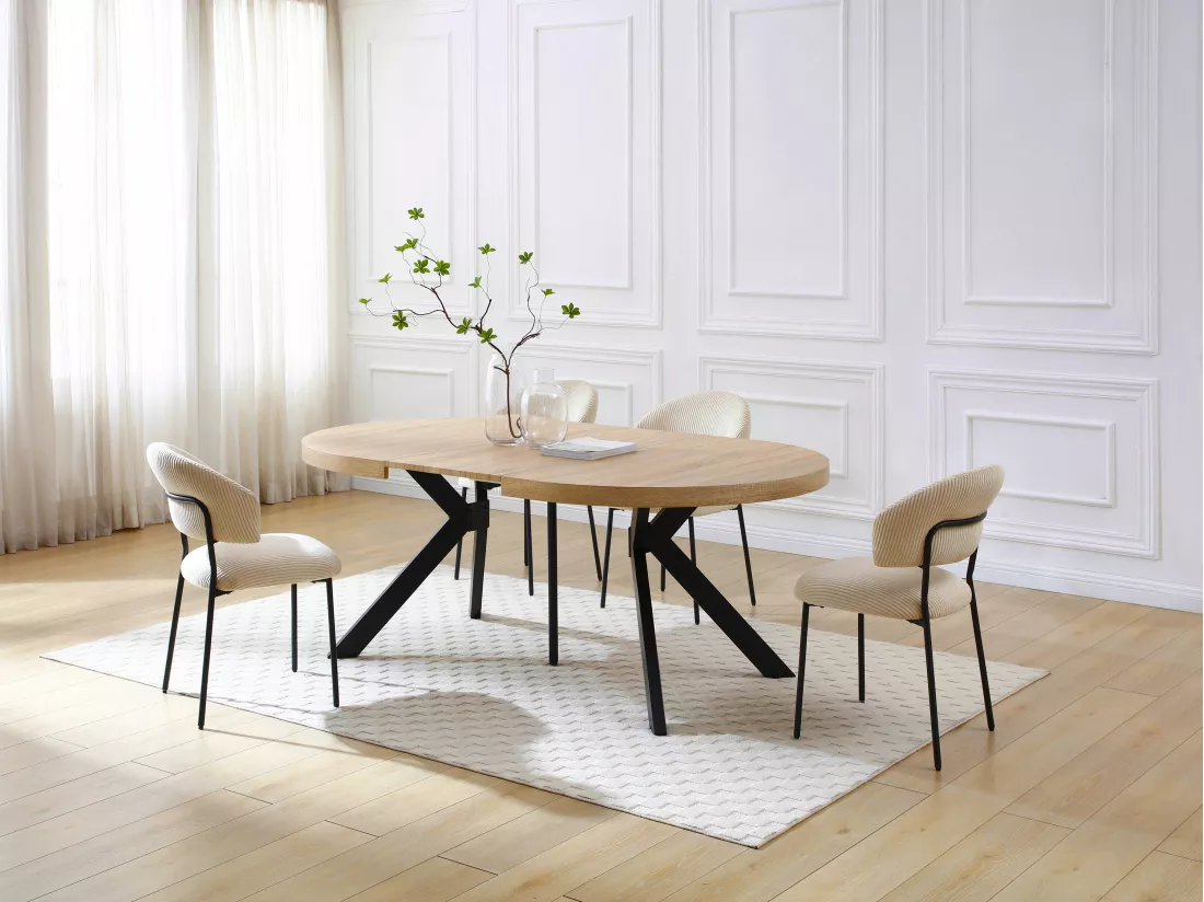 Table à manger extensible 6 à 12 couverts en MDF et acier - Naturel clair et Noir - KOMONI