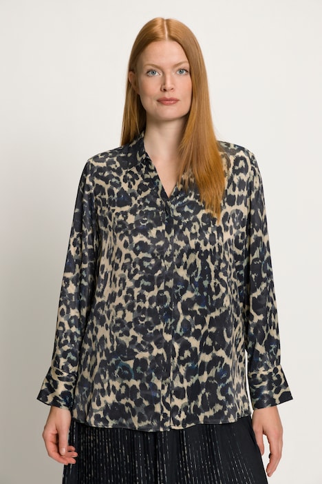 Satinbluse, Leo-Design, Hemdkragen, Langarm