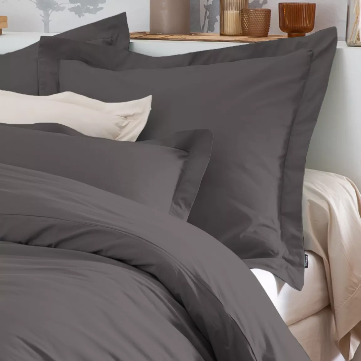 Taie d'oreiller carrée percale de coton (65 x 65 cm) Cali Gris anthracite