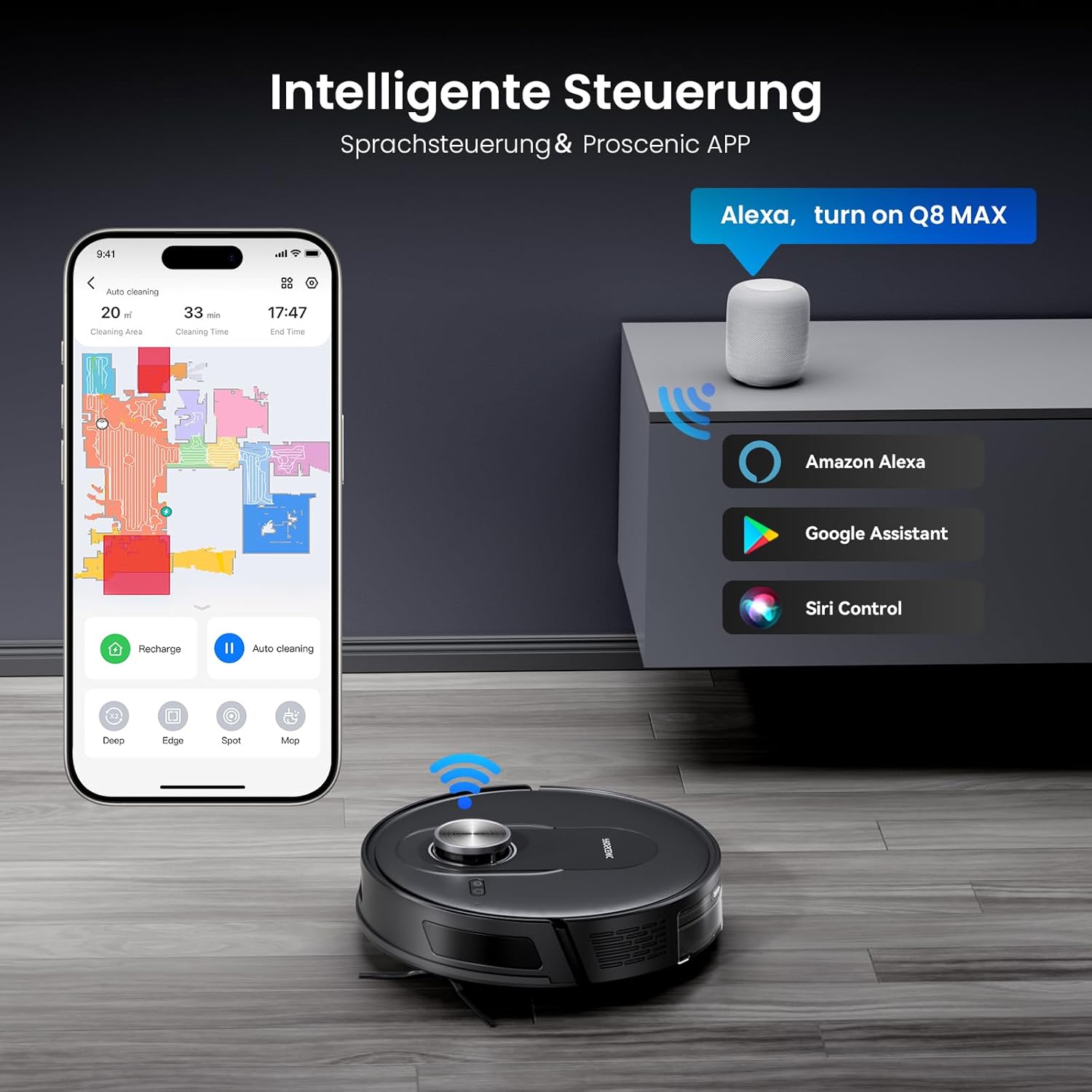 Proscenic Q8 Max+ Saugroboter mit Wischfunktion, 8000Pa 200min Staubsauger Roboter mit 3L Staubbeutel, Lidar-Navigation, intelligente Hindernisvermeidung, App Sprachsteuerung, für Hartböden Teppiche