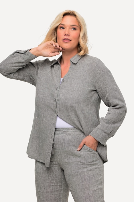 Bluse, Leinen, offener Kragen, Langarm
