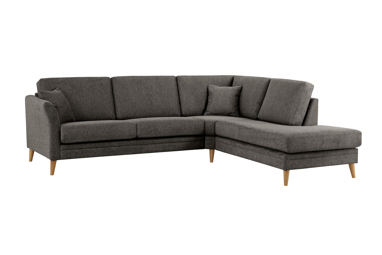 Eden hjørnesofa 2,5-seter med åpen ende høyre. Tekstil Brego 7 Antrazite med ben i eik natur (15137).