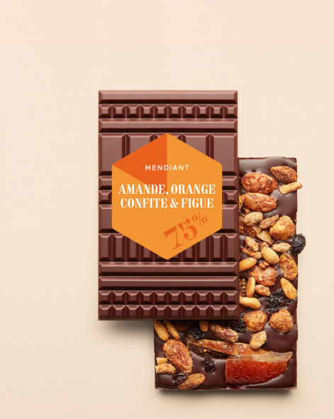 Tablette Mendiant Amandes & oranges confites & figues Chocolat Noir 75% | Le Chocolat Alain Ducasse 100g