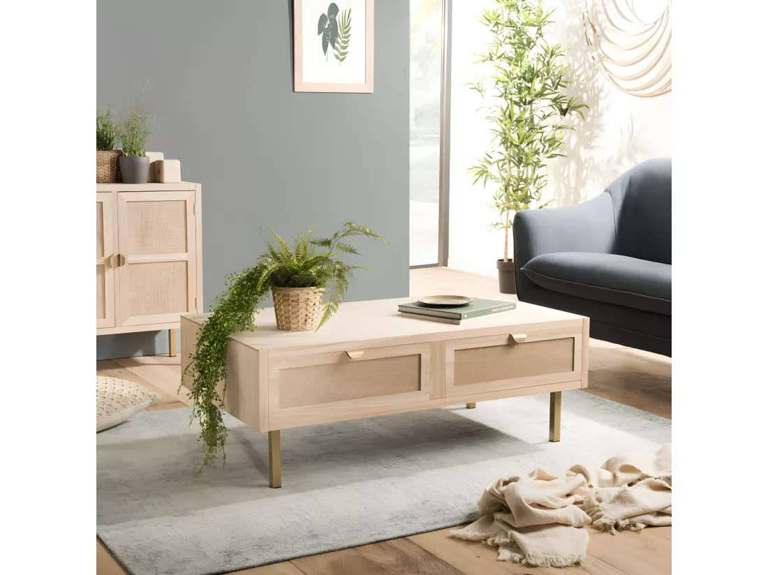 ADELE - Table basse 2 tiroirs toile de jute pieds métal doré