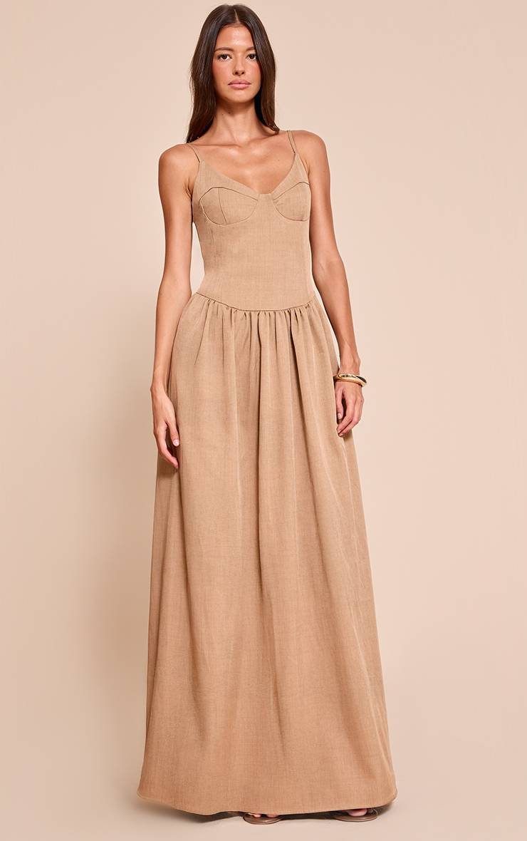 Taupe Robe Longue À Détail Bustier Avec Bretelles En Tissu Tissé