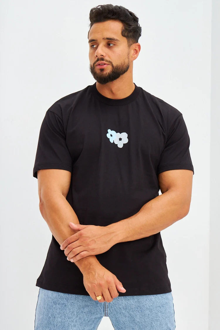 T-shirt floqué fleurs avant et arrière noir