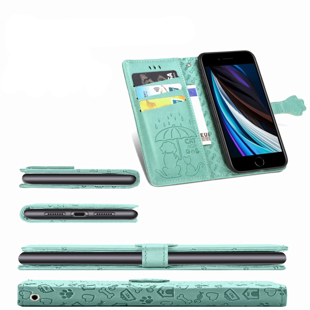 iPhone SE (2022/2020) / 8 / 7 / 6S Leder Tasche Flip Cover Hunde & Katzen Imprint - Türkis