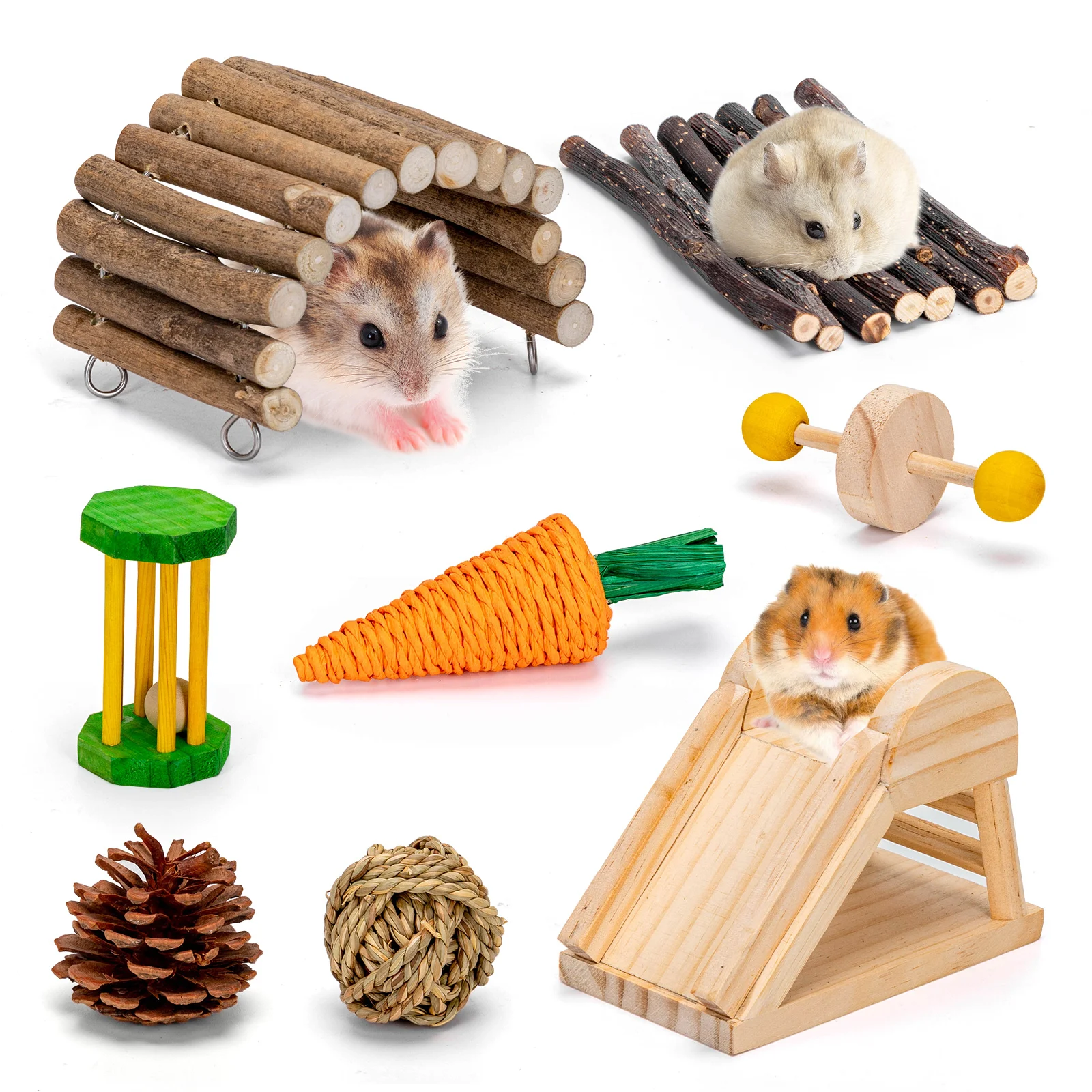 Nobleza Conjunto de 8 Brinquedos para Hamster, Brinquedos de Madeira para Roer, Brinquedos para Arremessar e Jogar para Coelhos, Chinchilas, Hamsters e Porquinhos-da-Índia