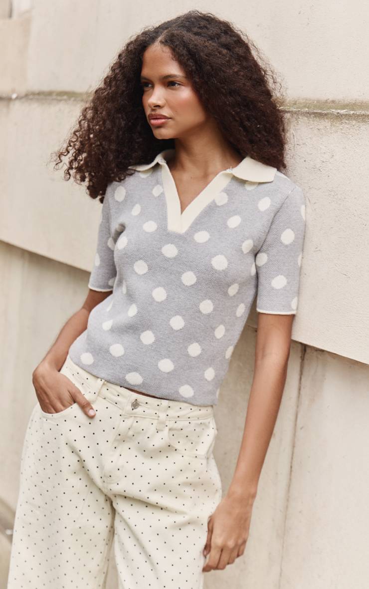 Gris Haut Polo En Maille Jacquard À Pois