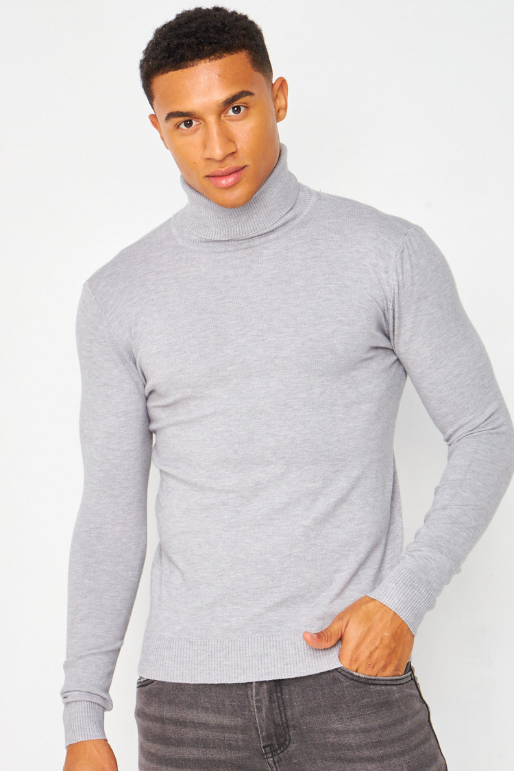 Pull col roulé gris uni