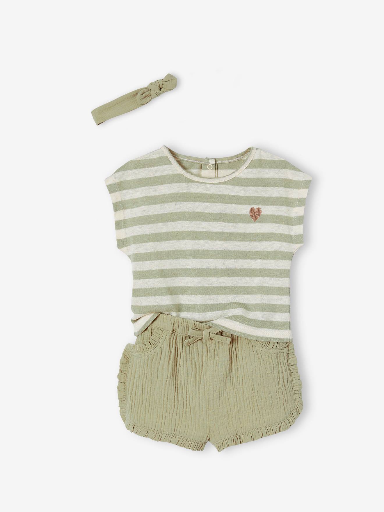 Roupa de bebê: shorts, camiseta listrada e faixa de cabelo verde-acinzentada.