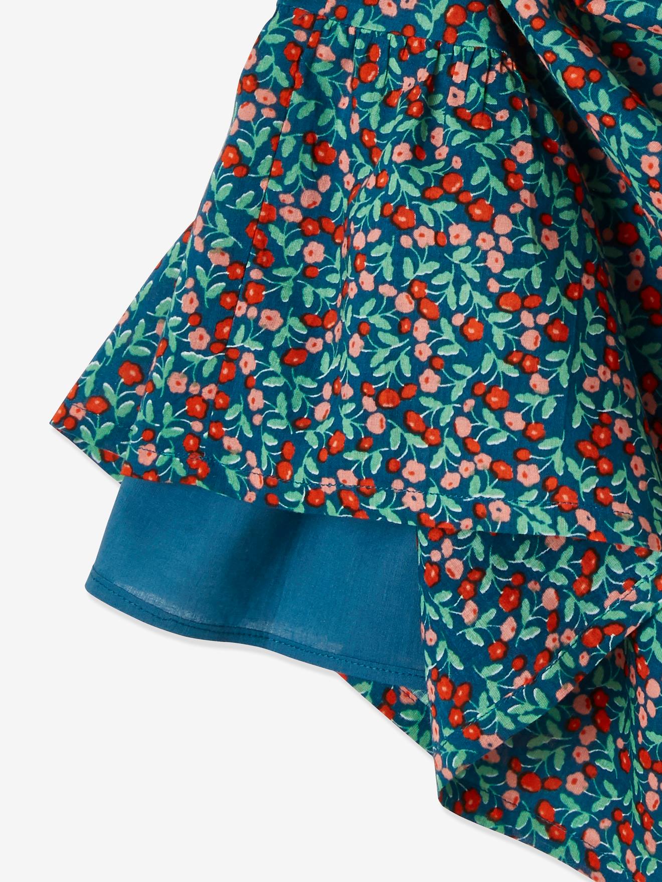 Saia longa com babado estampado em azul médio