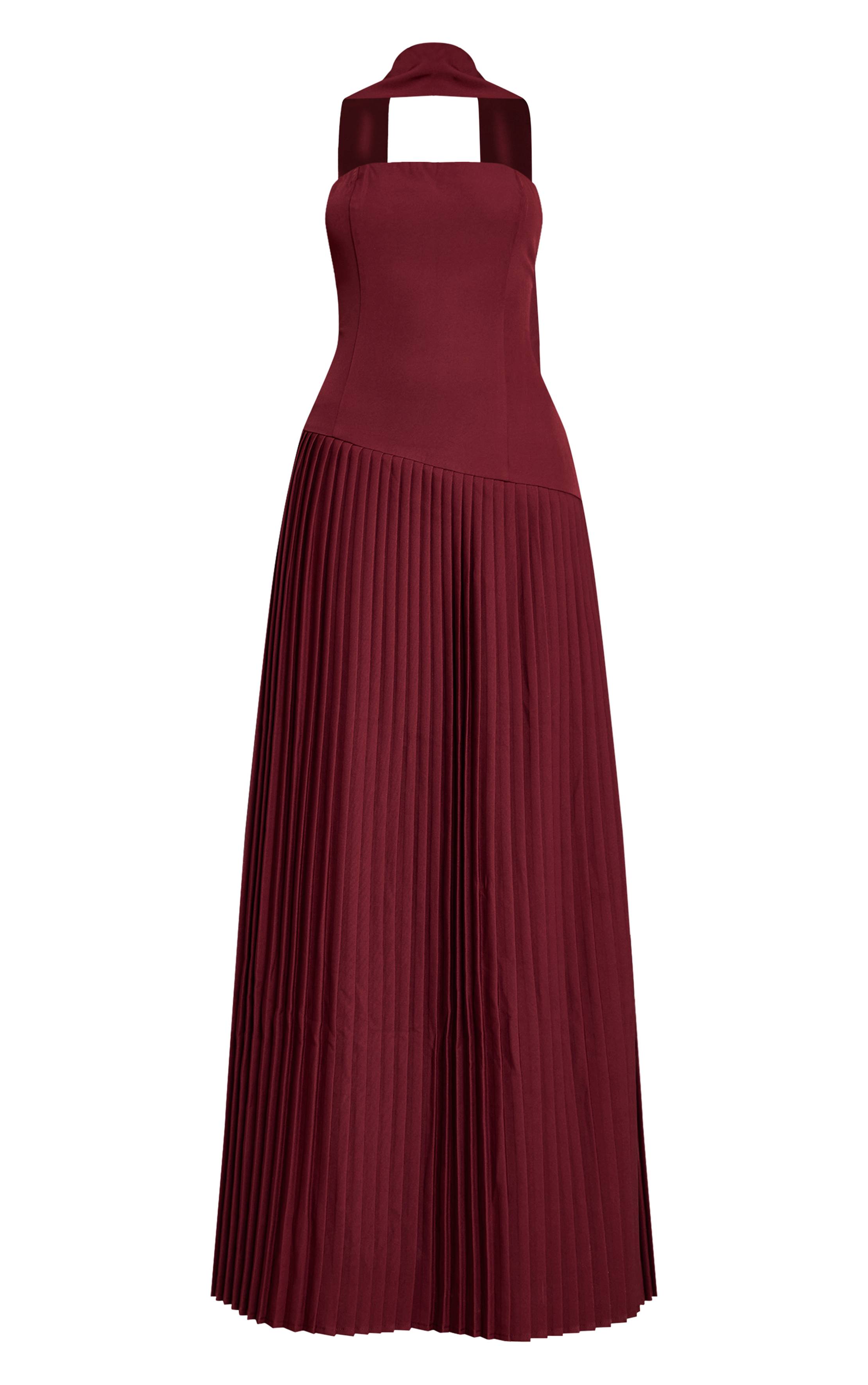 Rouge Vin Robe Maxi Plissée Asymétrique En Tissu Tissé