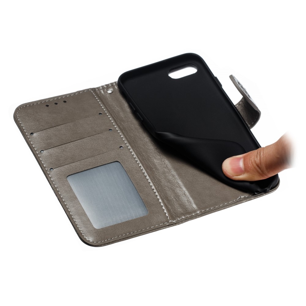 iPhone SE (2022/2020) / 8 / 7 Leder Tasche Wallet - Mandala Flowers Imprint - Grau