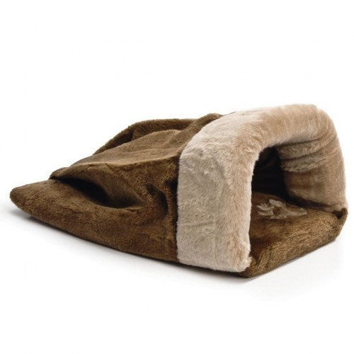Cama para gato marrom e bege