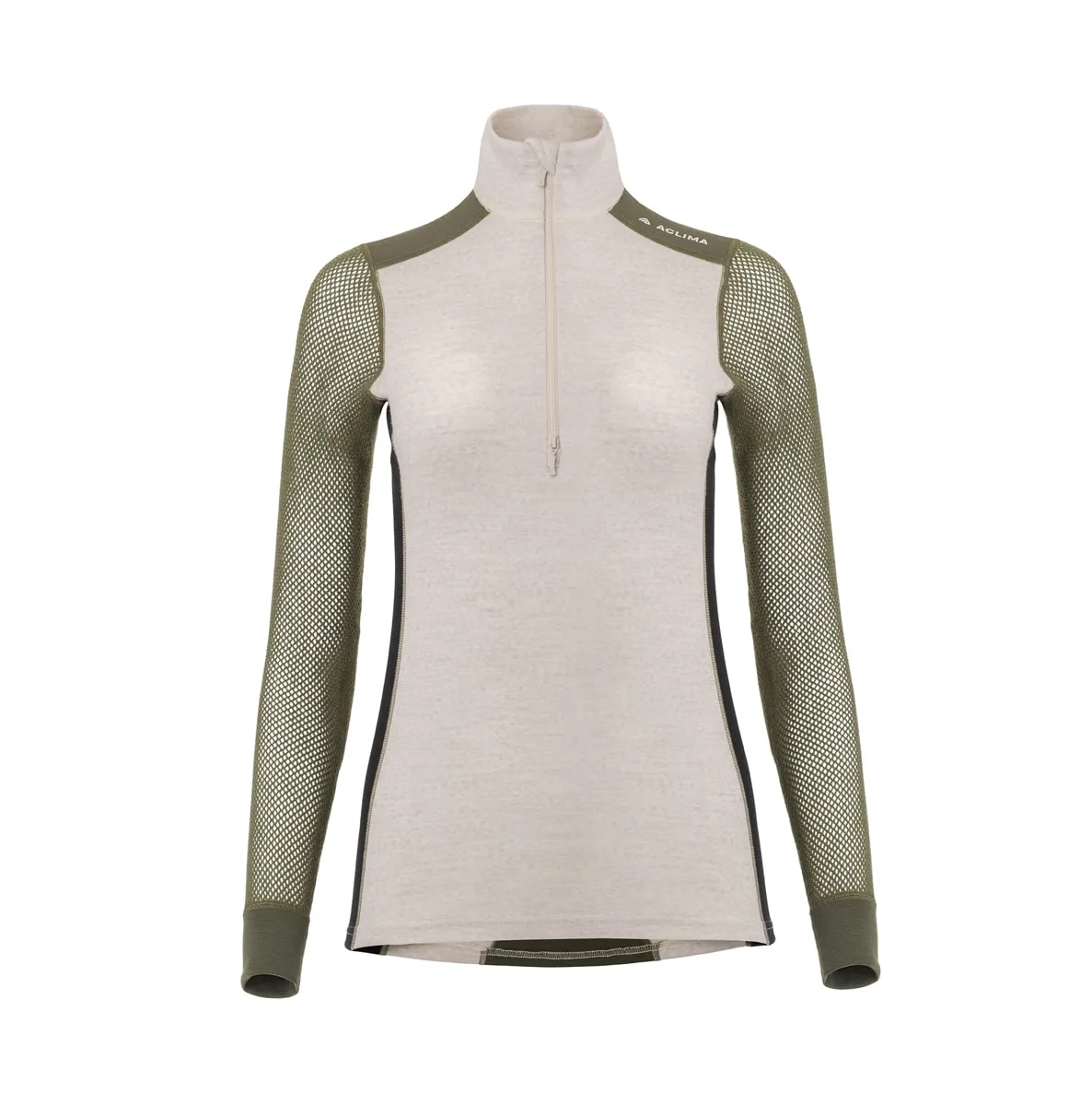 Aclima Women's WoolNet Hybrid Mock Neck Beige Melange/Olive Night/Jet Black