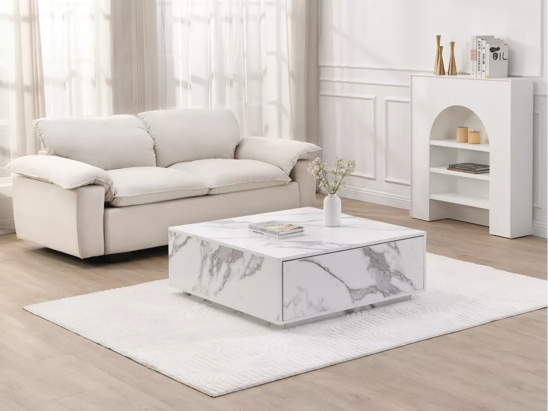 Table basse avec 2 tiroirs en MDF - Effet marbre blanc - ANTRIM de Pascal Morabito
