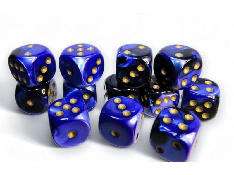 Chessex Würfelset Gemini 16 mm d6 Schwarz-Blau/Gold 12 Stk. Würfelset mit 12 Würfeln