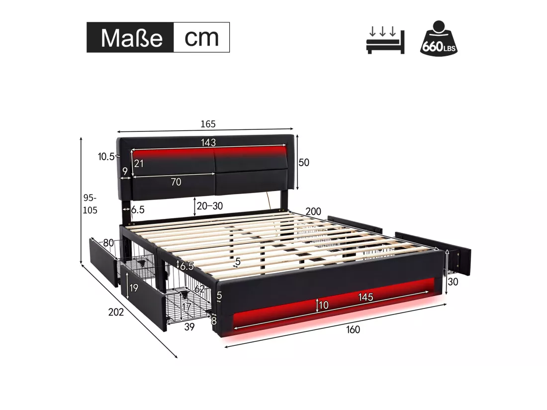Lit rembourré 160x200 cm, avec port USB, éclairage LED, 4 tiroirs, sans matelas, PU, noir