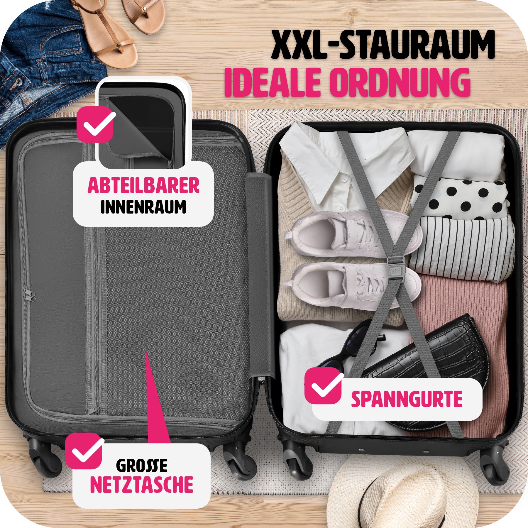 tectake® Hartschalenkoffer-Set, 4-teilig, aus robustem ABS-Kunststoff, 360° drehbare, abnehmbare Rollen, mit Sicherheits-Zahlenschloss