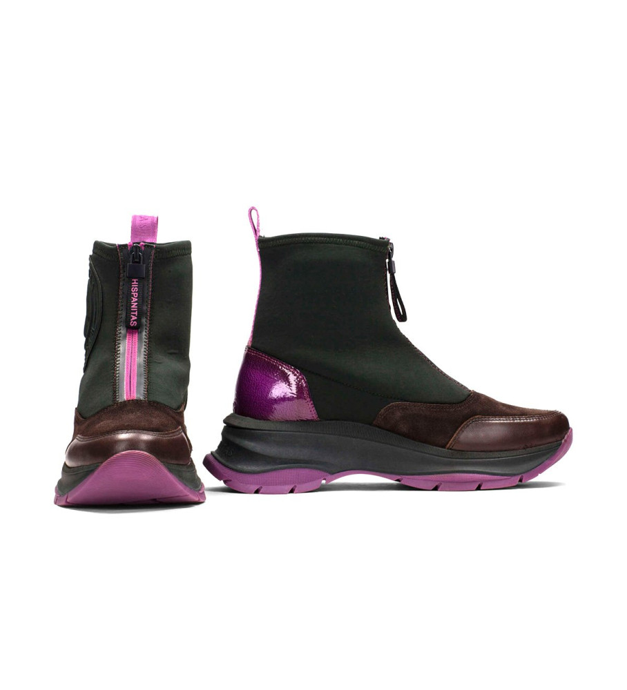 Tênis Hispanitas Alaska Forest Sport em couro, preto e lilás - Salto plataforma de 4,5 cm -