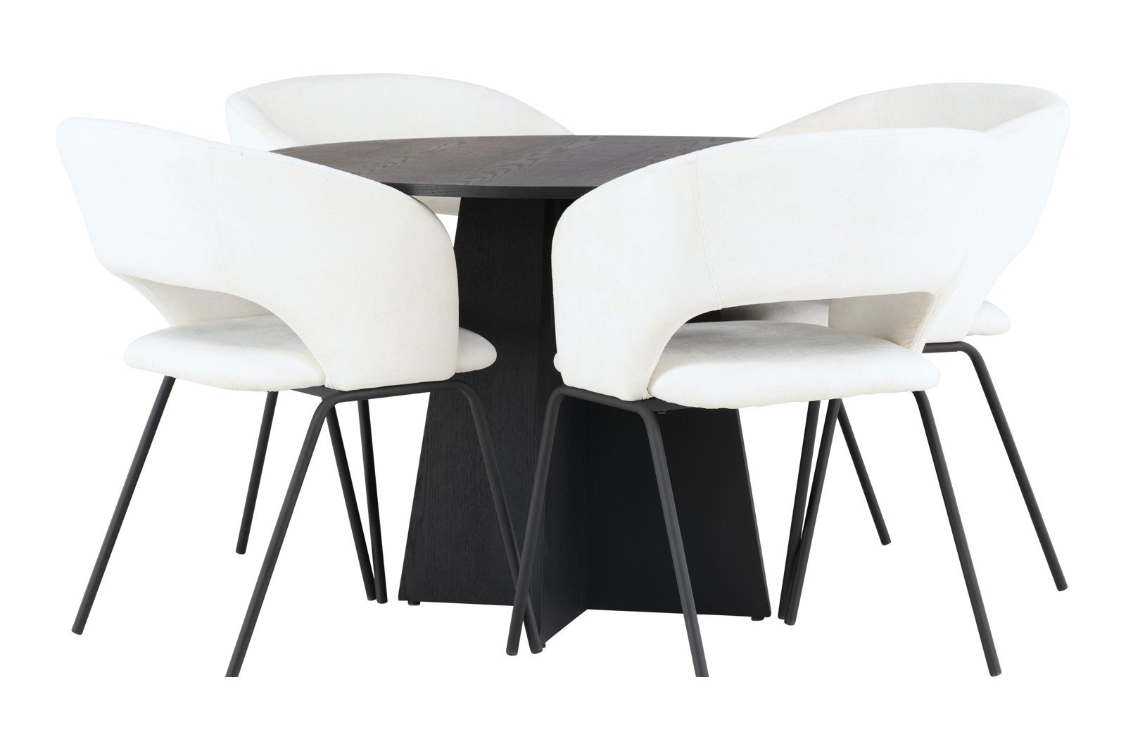 Bootcut og Day Spisegruppe Bootcut rundt spisebord ø110cm i sort med 4 stk. Day spisestoler i White og metal understell.