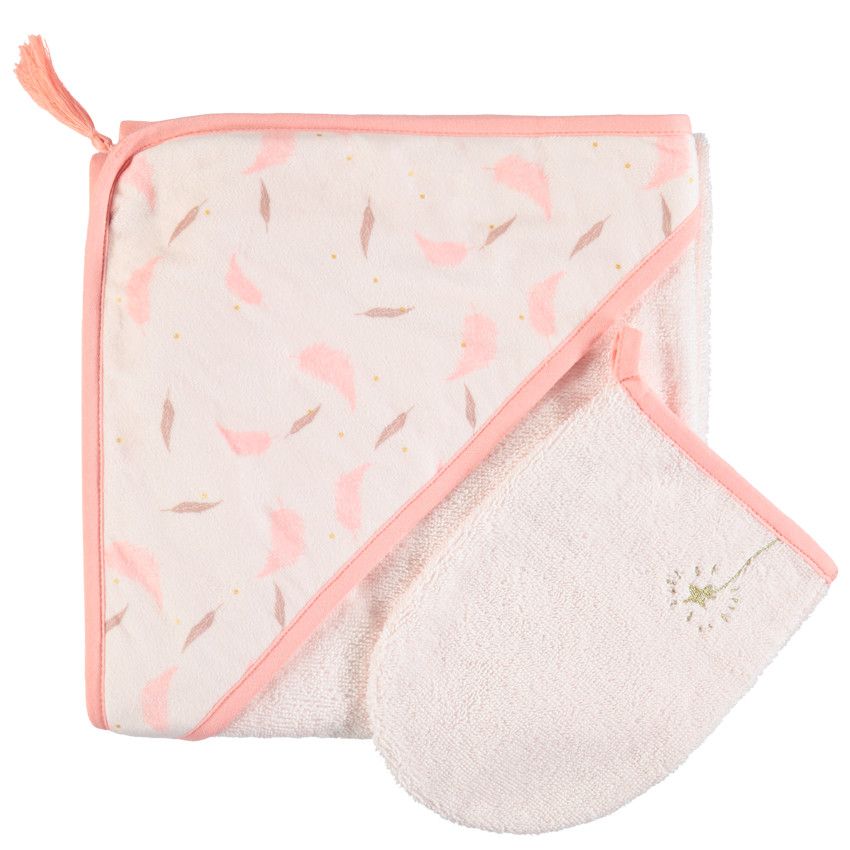 Set de bain avec cape motif plumes et gant - Rouge