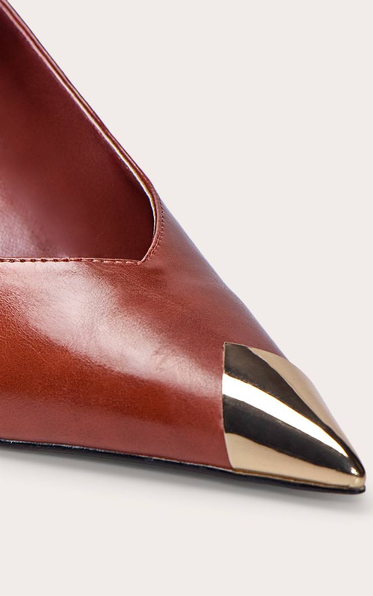 Marron Escarpins Slingback À Bout Doré Effet Froissé