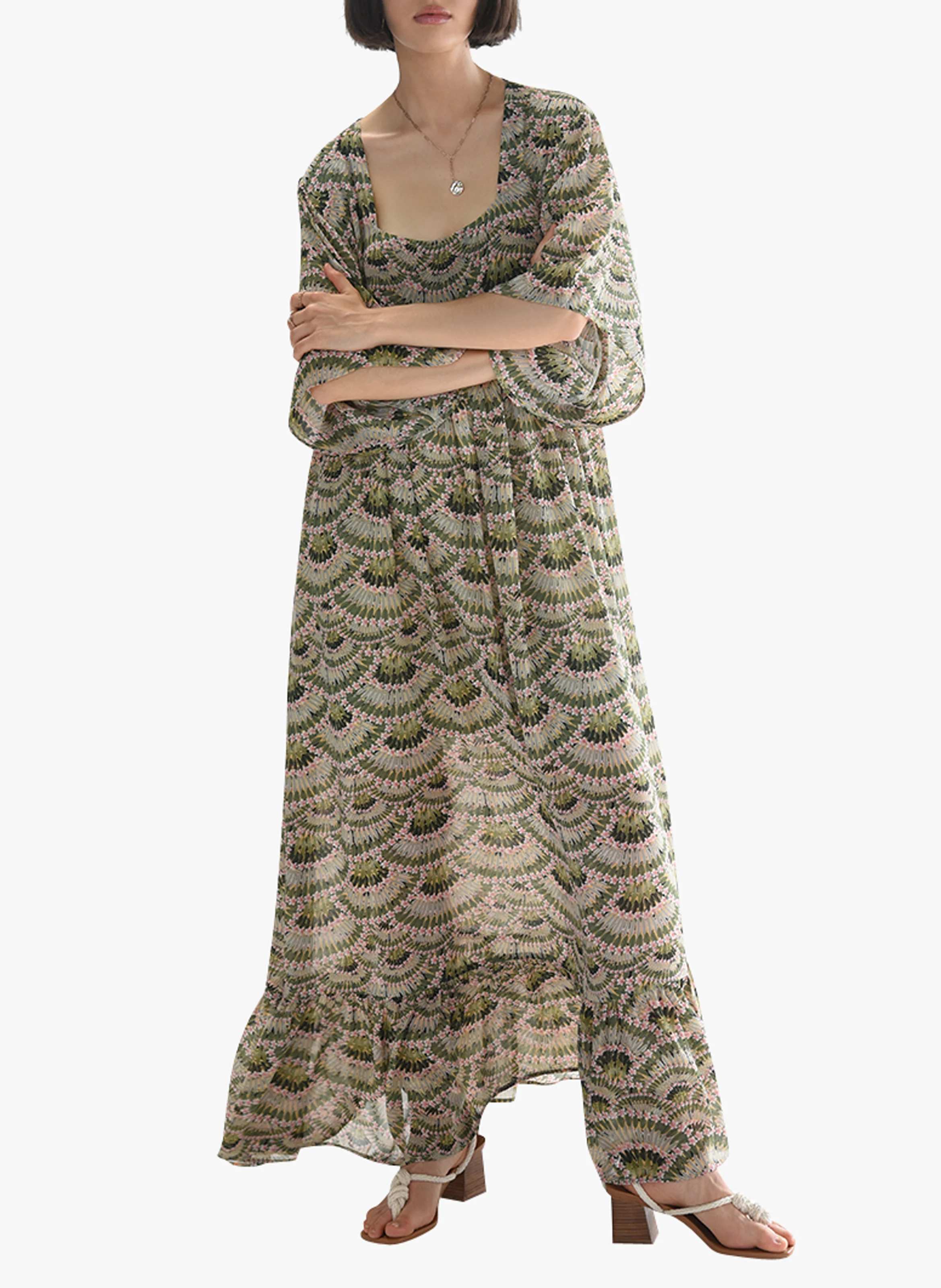 Robe longue col carré imprimée| Kaki