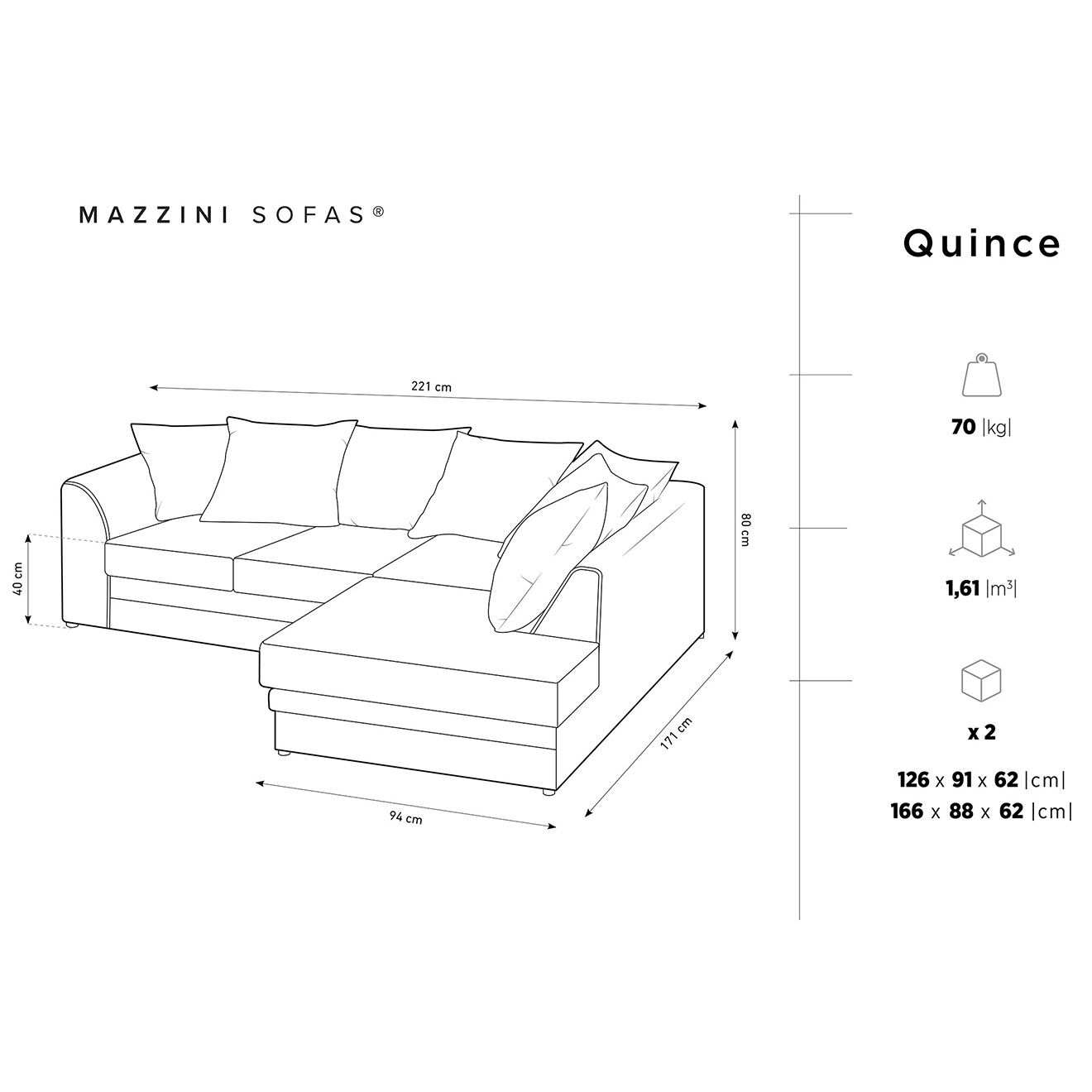 Mazzini Sofas Canapé d'angle droit Quince 4 Places gris foncé - 221x171x80 cm