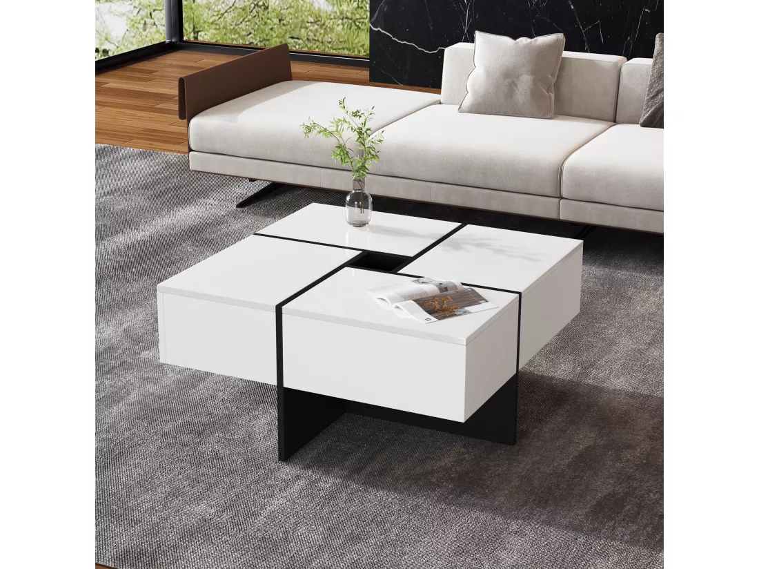 Table basse coulissante avec 4 compartiments cachés - 70 x 70 x 35 cm - panneaux de particules - blanc