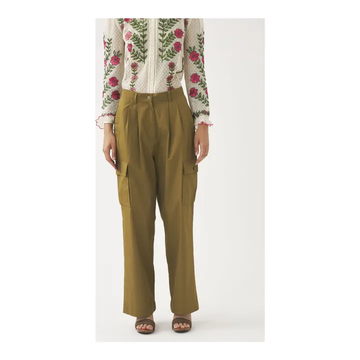 Antik Batik Pantalon Cargo Bottom Popeline de Coton | Vert kaki