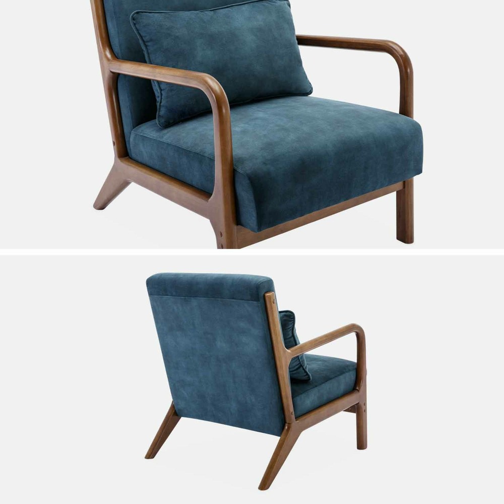 Fauteuil en velours bleu pétrole. Pieds bois d'hévéa teinté noyer clair. 1 place droit fixe. Pieds compas scandinave