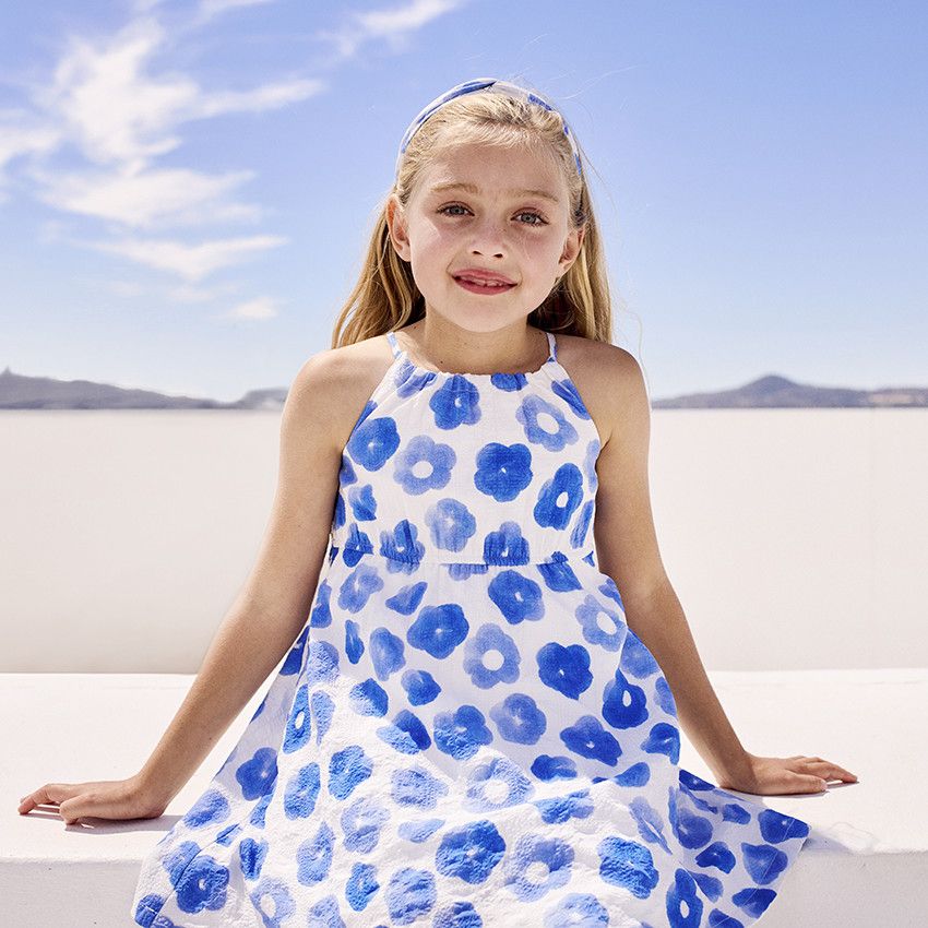Robe sans manches imprimé floral et taille à nouer pour fille - Blanc
