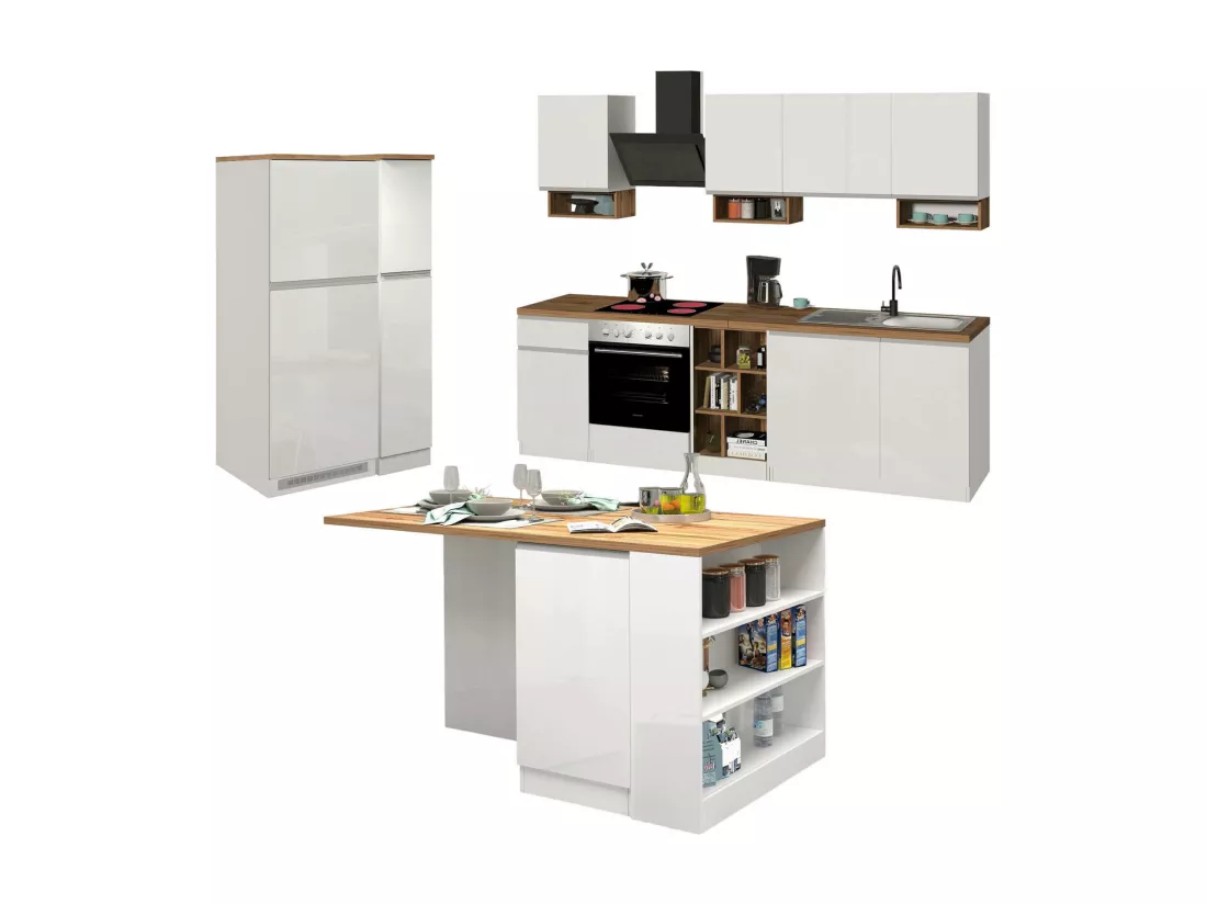 Cuisine complète Daquilant, Ensemble avec garde-manger, Meuble de kitchenette, Kit bloc avec îlot et porte-frigo, 100% Made in Italy, Blanc brillant et chêne