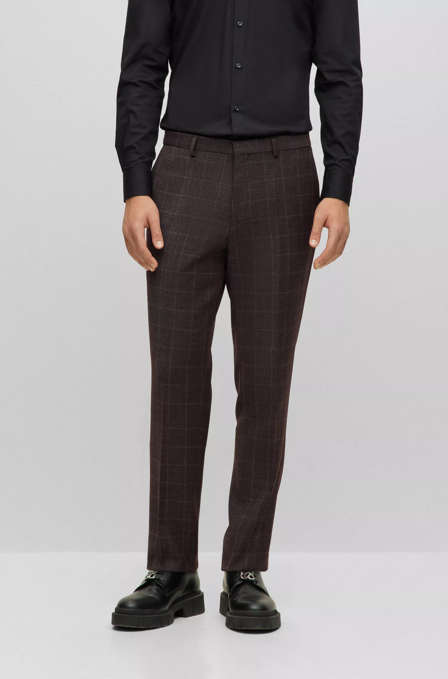 Terno HUGO vermelho, extra slim fit, em mistura de lã xadrez.