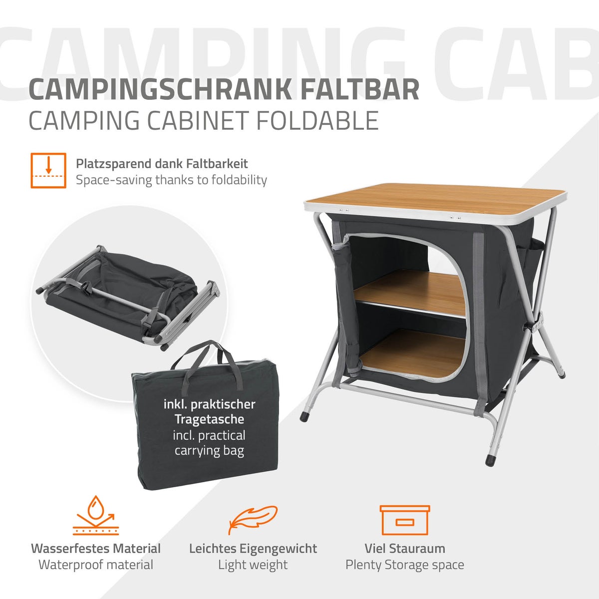 ECD Germany Opvouwbare kampeerkast, houtlook - zwart, 60x64x45 cm, kampeerkeuken met aluminium frame, draagbare keukenbox met werkblad, 2 planken en draagtas, opvouwbare stoffen kast voor buiten