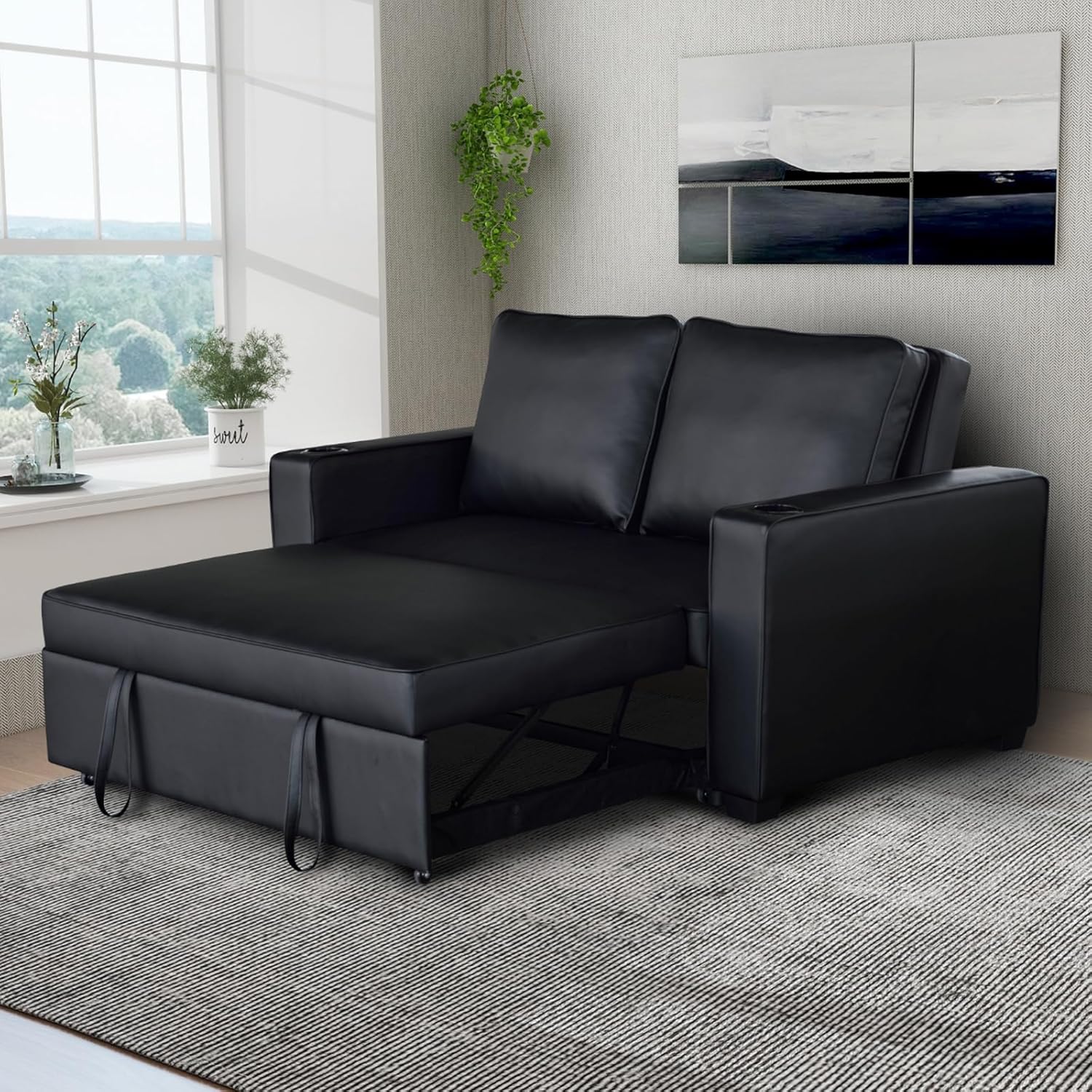 3-in-1 Schlaferstuhl, umwandelbares Sesselbett, Schlaferstuhl mit Bettfunktion, verstellbares Sofa Bett mit Kissen und Getränkehalter, Sessel mit Schlaffunktion für kleine Wohnung (Schwarz)