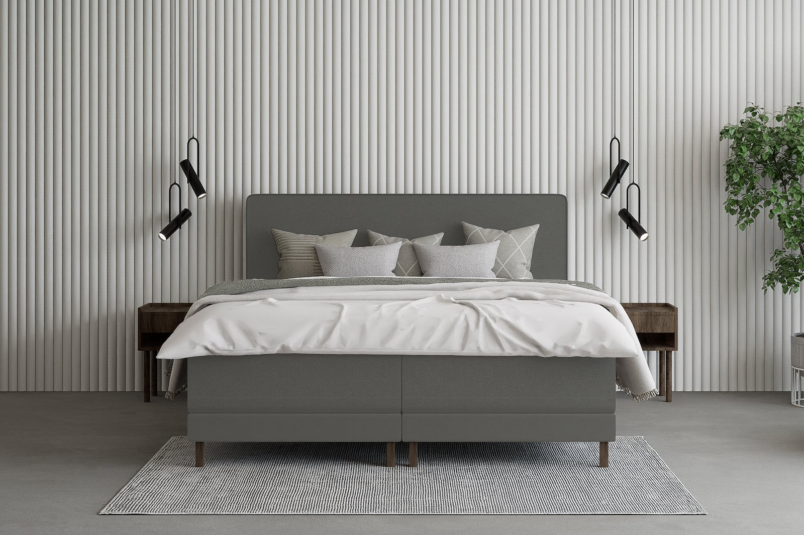 Premium 14 regulerbar seng 210x210 cm Tekstil Storm 97 mørk grå, medium/medium, Premium 14 overmadrass med røkfarget 15 cm ben, gavl selges separate.