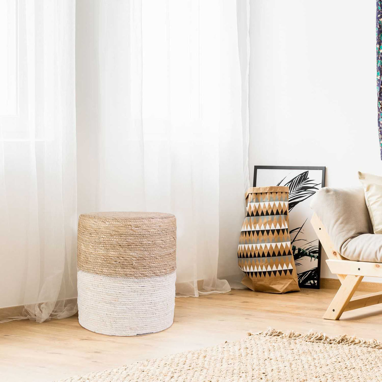 Home Deco Factory Pouf tréssé sable/beige - 35x41x35 cm