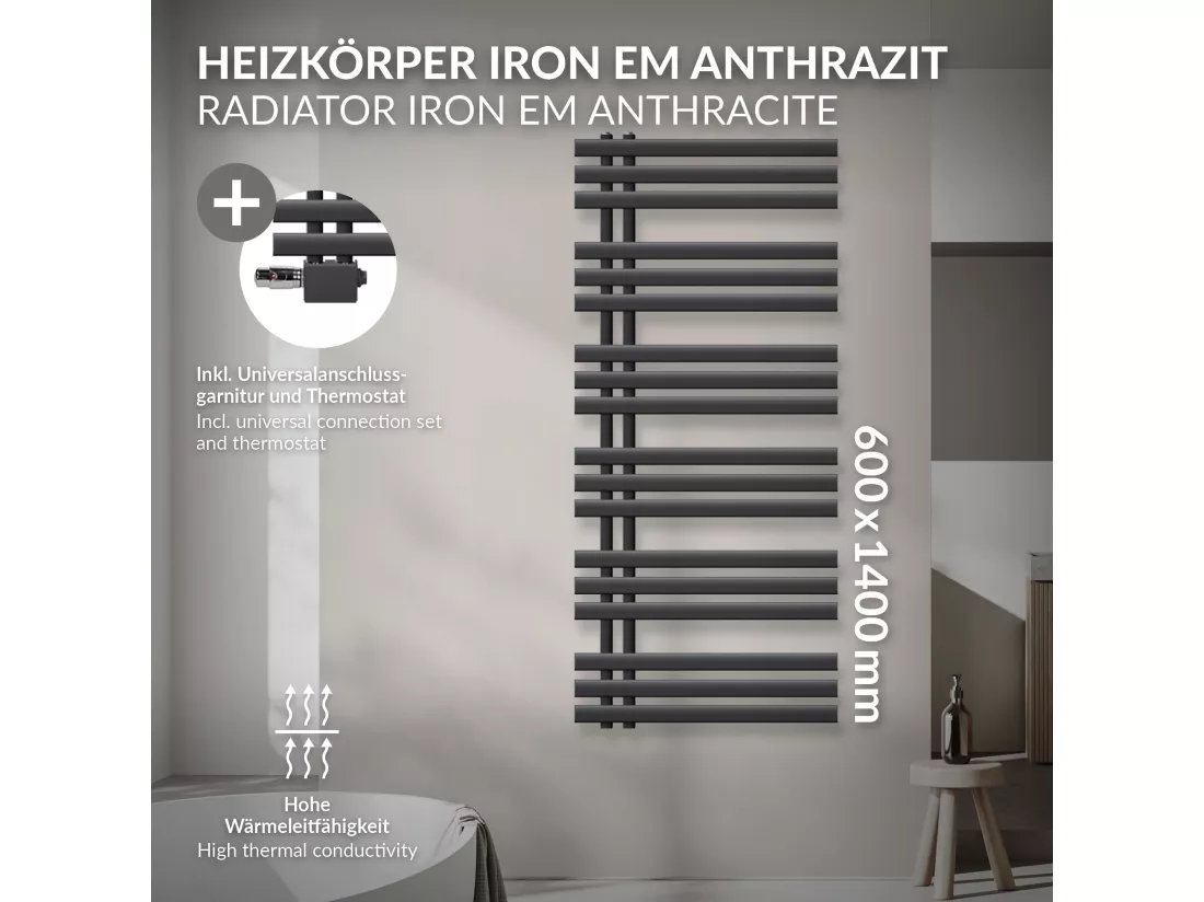 Radiateur Design Iron EM 600x1400 mm Anthracite Raccord Central au Bas avec Garniture