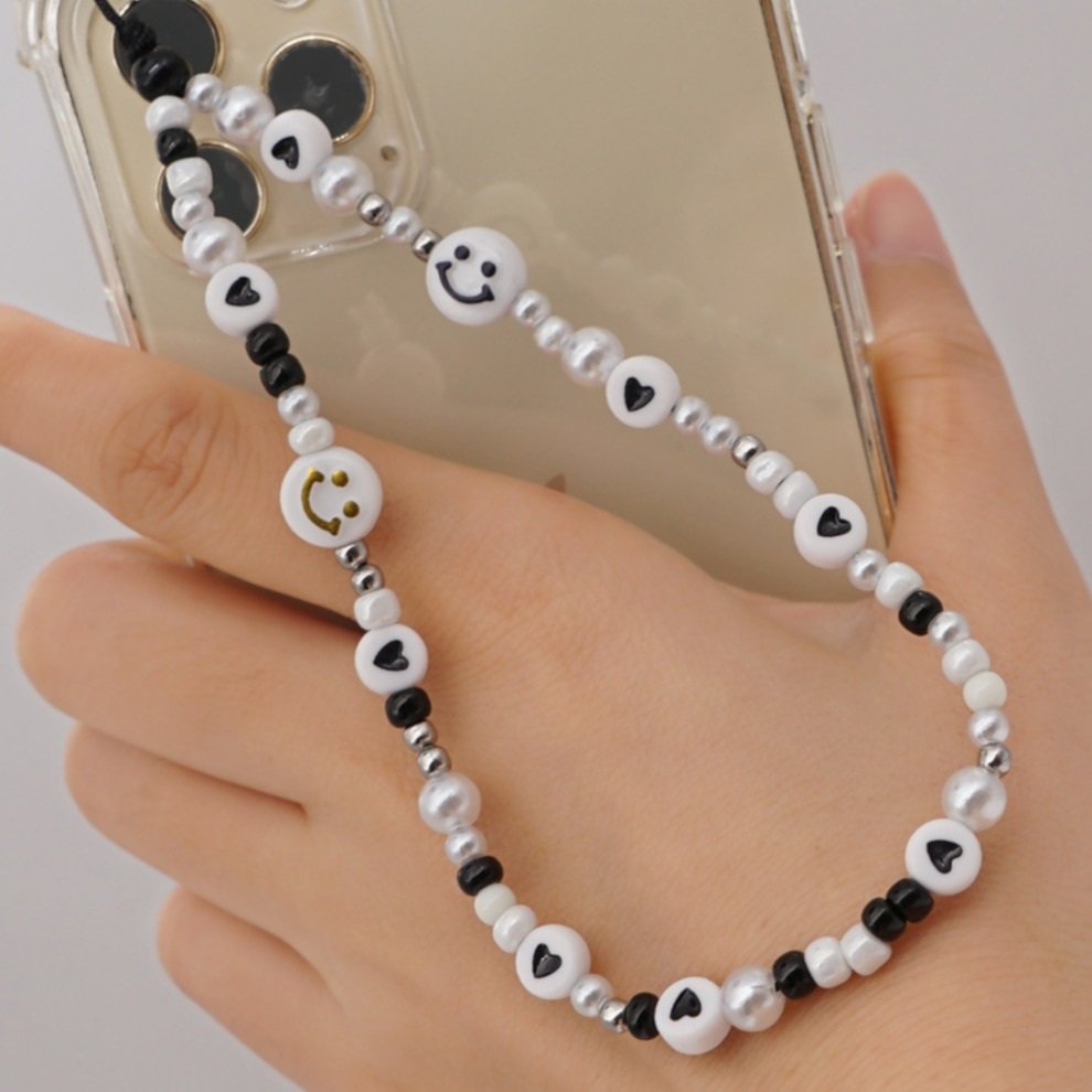 Universal Handy Kette Phone Charms Schmuck Anhänger Handgelenkschlaufe - Smiley Schwarz / Weiss